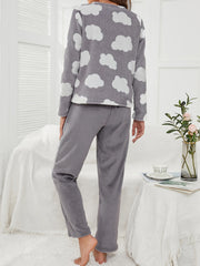 Cloud Print Fuzzy Pajama Set Long Sleeve Crew Neck Top & Elastic Waistband Pants
