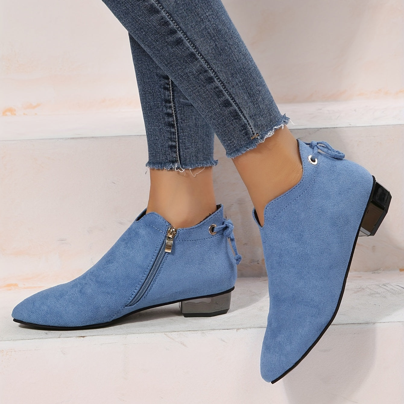 Women's Low Heel Ankle Boots Side Zipper Shoes Short Boots