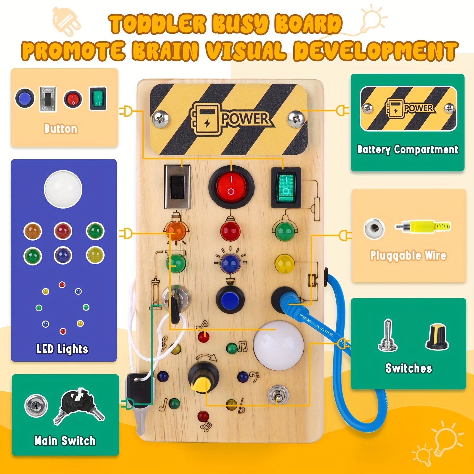 8 LED Light Switches Sensory Toy Montessori Busy Board For Toddlers 1+