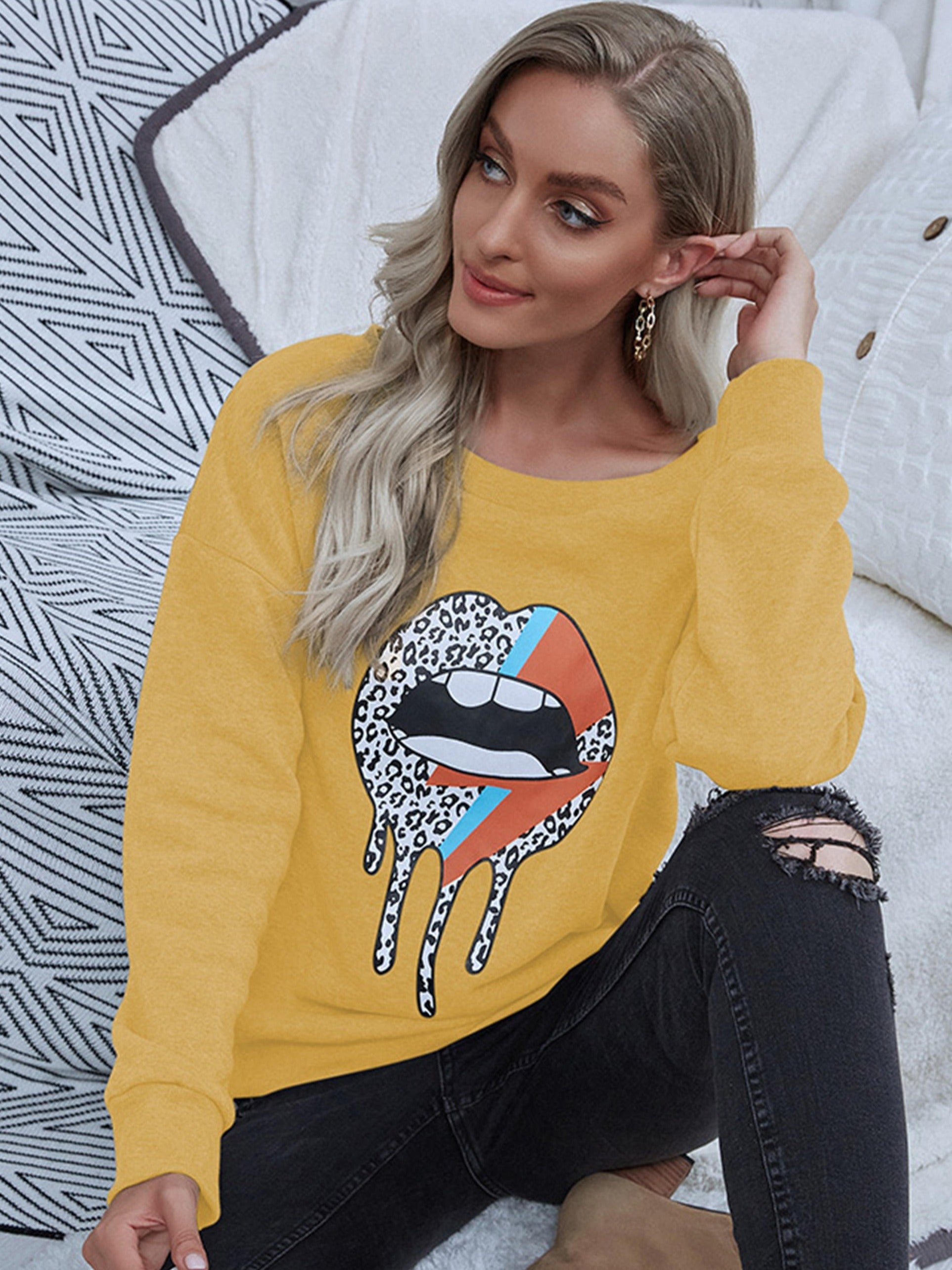 Casual Lip Pattern Print Sweater Crew Neck Top
