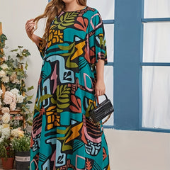 Tropical Print Round Neck Maxi Dress