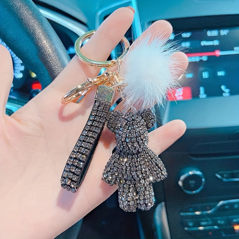 Unique Fun Keychain Gift For Girls with Artificial Diamond Hairball Bear