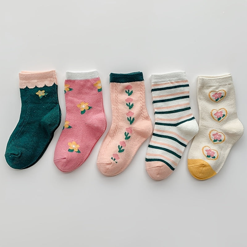 5 Pairs Girls Flower Love Print Cotton Crew Socks Kids Children Spring Autumn