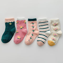5 Pairs Girls Flower Love Print Cotton Crew Socks Kids Children Spring Autumn