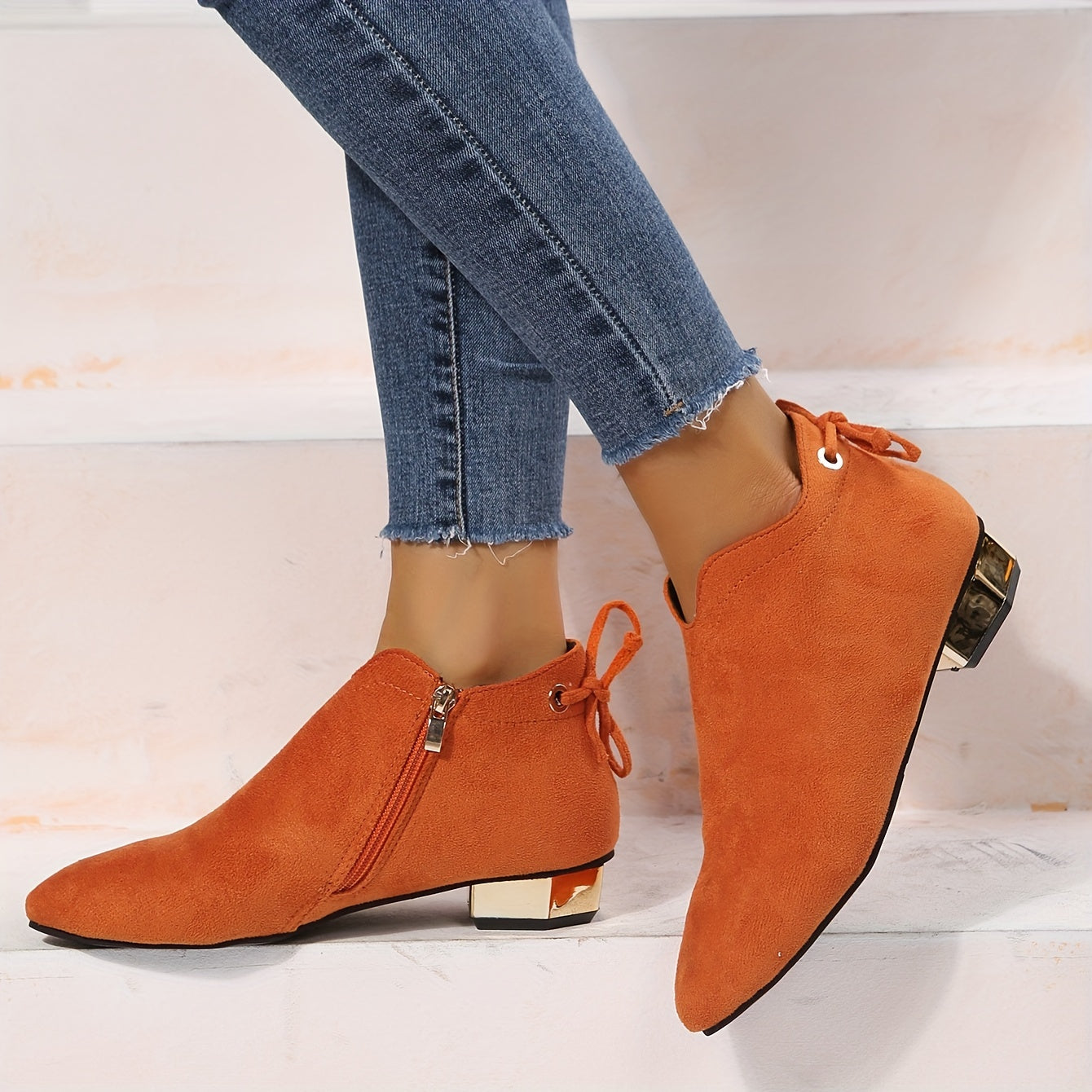 Women's Low Heel Ankle Boots Side Zipper Shoes Short Boots