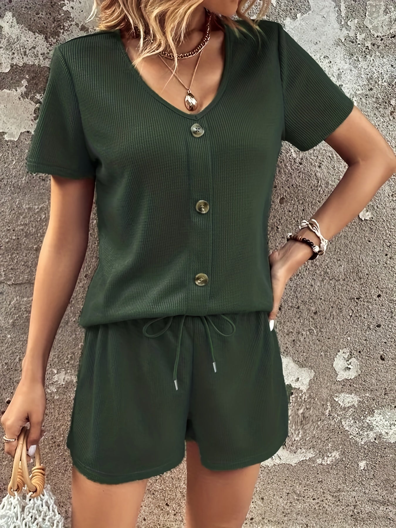 Solid V Neck Button Top & Tie Shorts Two Piece Set
