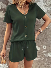 Solid V Neck Button Top & Tie Shorts Two Piece Set