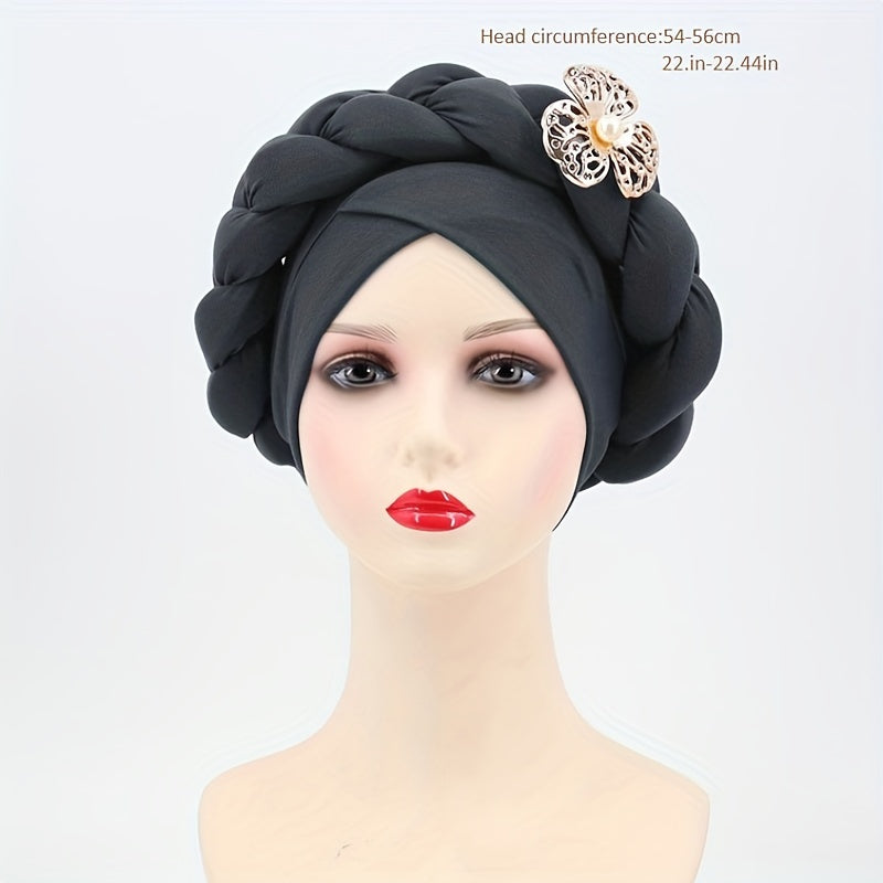 Oversized Braided Turban Cap Faux Pearl Flower Decor Head Wrap