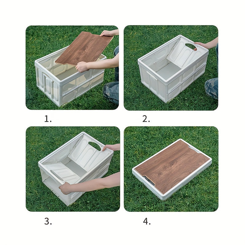 Outdoor Camping Folding Box Wooden Lid Large Capacity Storage Food Organizer