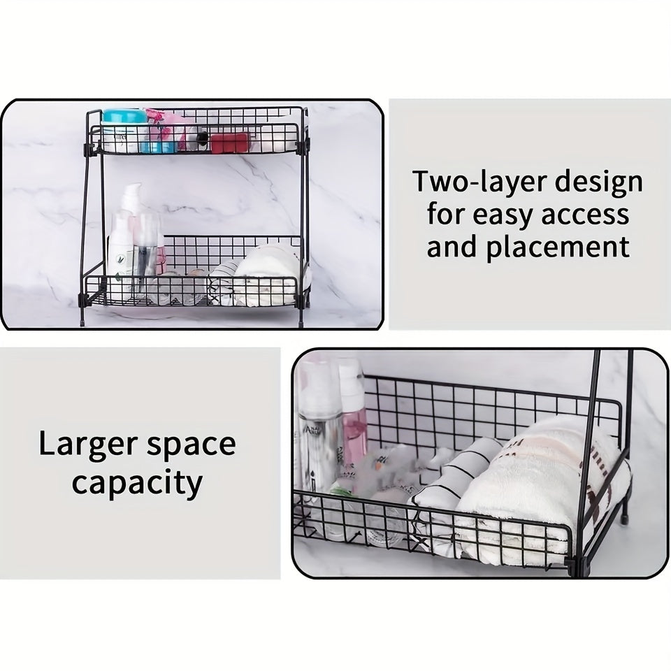 Double Layer Bathroom Organizer Metal Basket Storage Shelf Rack