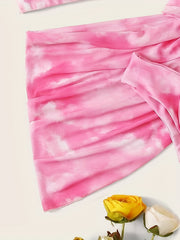 Pink Tie Dye Swimsuits Set Round Neck Tie Side Wrap Beachwear