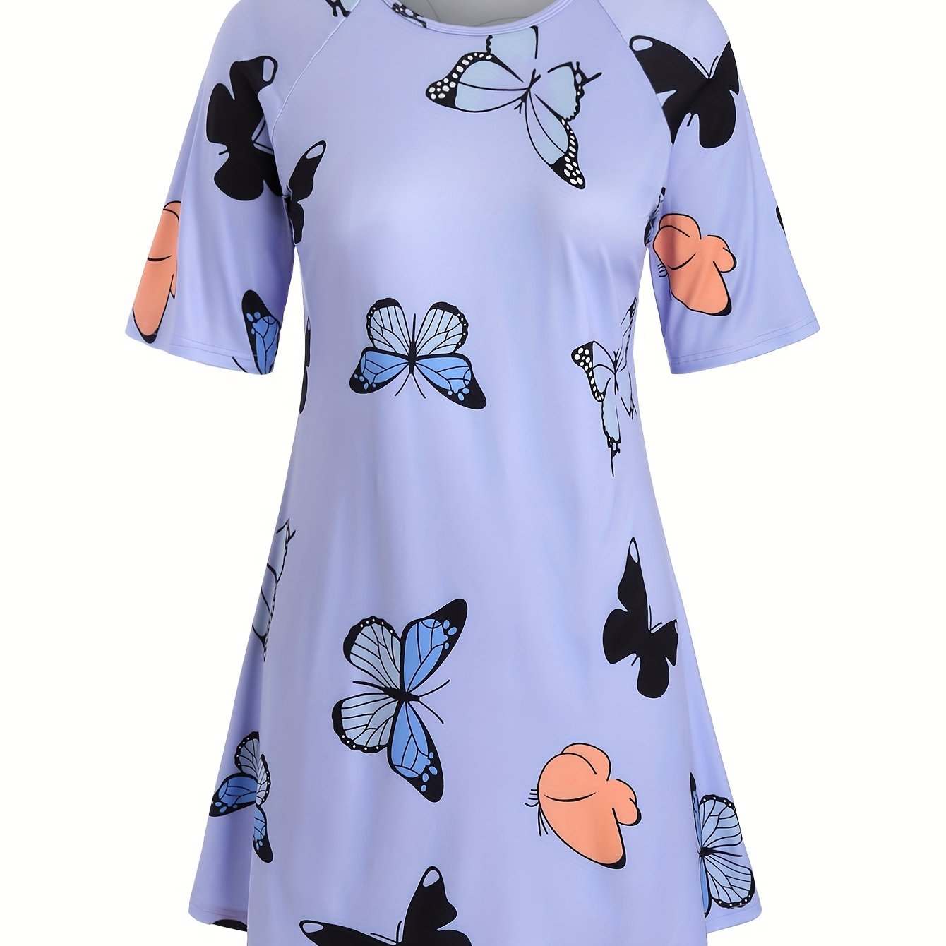 Butterfly Print Nightdress Short Sleeve Round Neck