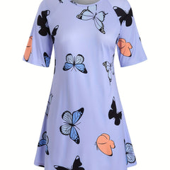 Butterfly Print Nightdress Short Sleeve Round Neck