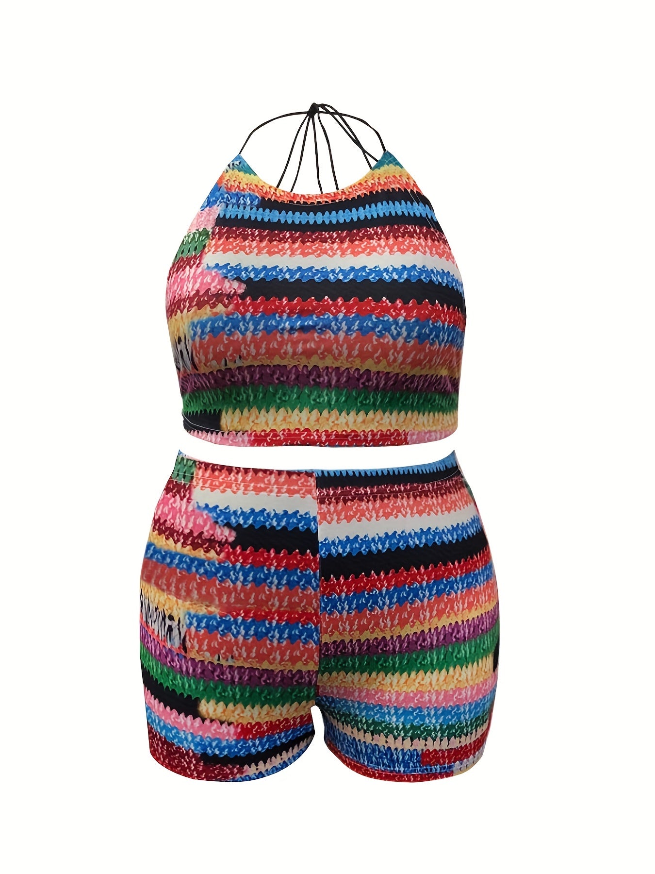 Plus Size Striped Tie Front Halter Top & Shorts Set