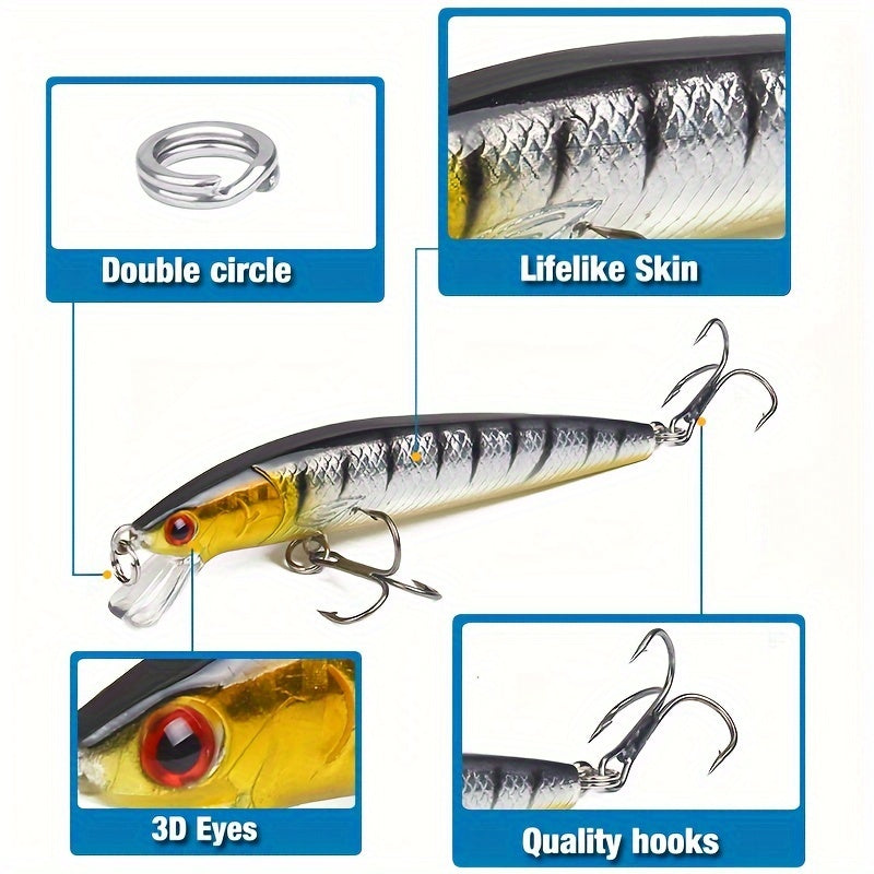 10pcs 12pcs Saltwater Fishing Bait 3D Minnow Artificial Bait 2 Treble Hooks