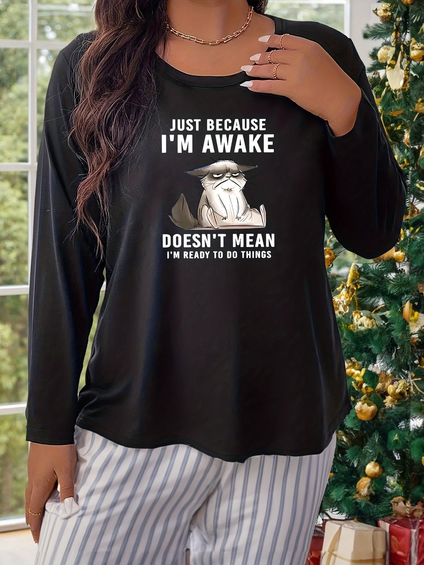 Lounge Top Women's Casual Slogan Print Long Sleeve Round Neck
