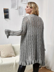 Casual Cardigan Womens Plus Plain Jacquard Ruffle Trim