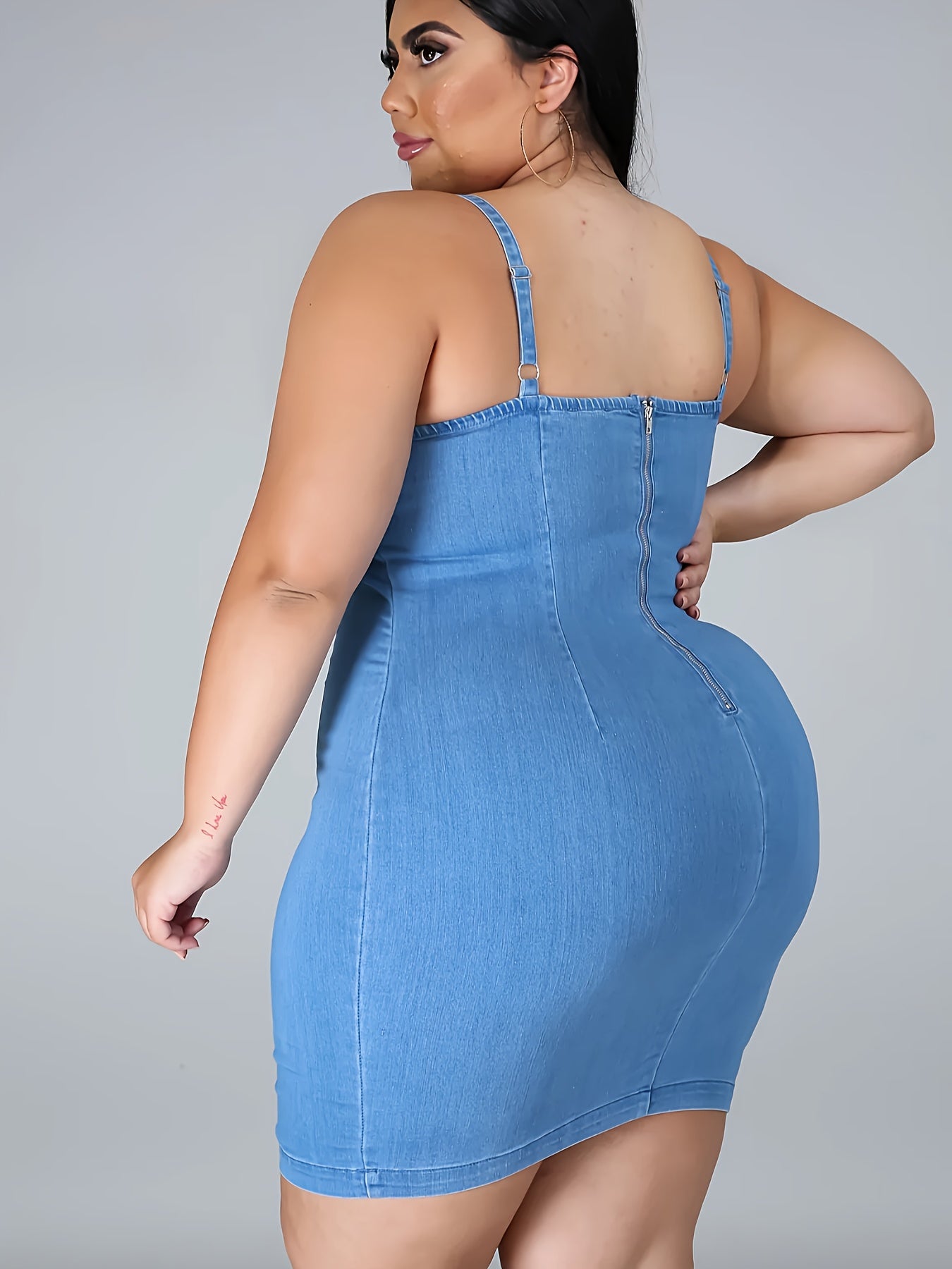 Sexy Plus Denim Dress Solid Scoop Neck Bodycon Mini