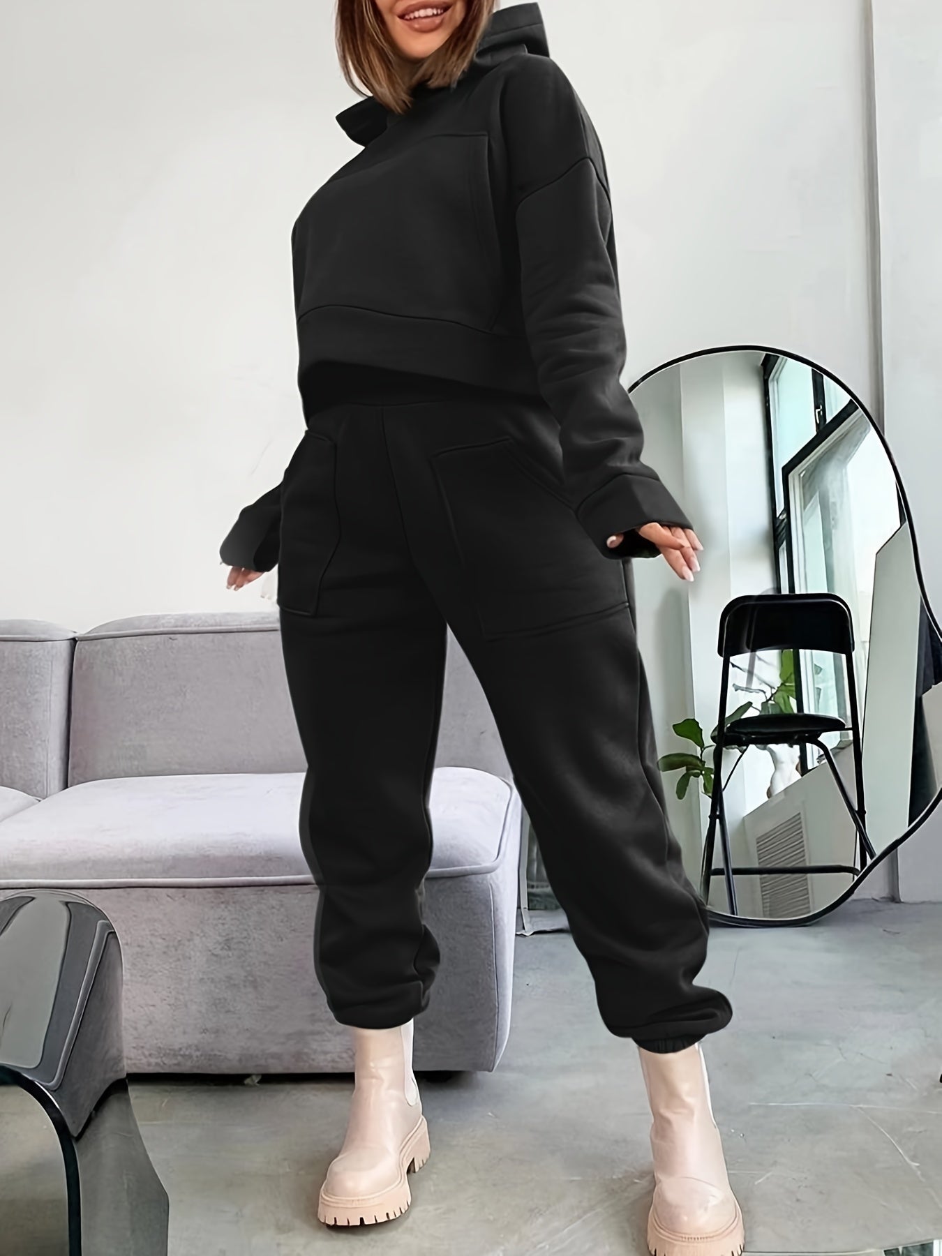 Solid Long Sleeve Crop Hoodie & Joggers Outfit Set