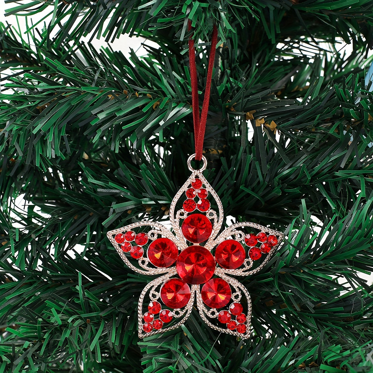 1pc Rhinestone Flower Christmas Tree Pendant Metal Decoration Supplies