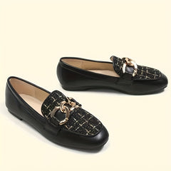 Women's Tweed Flat Loafers with Metallic Chain Decor