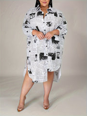 Newspaper Pattern Long Sleeve Casual Dress Shirt Dress