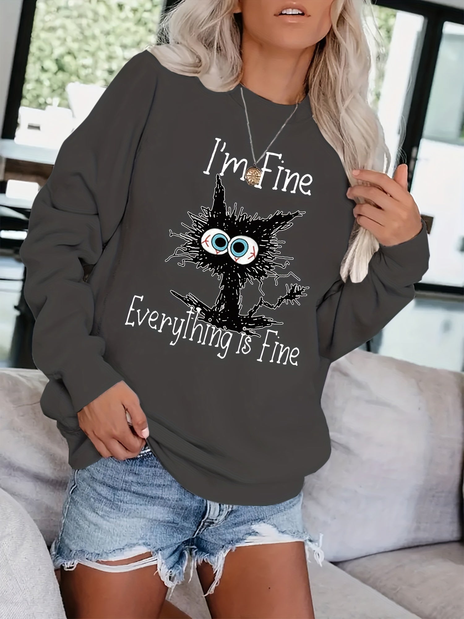 Crazy Cat Print Pullover Sweatshirt for Fall & Winter