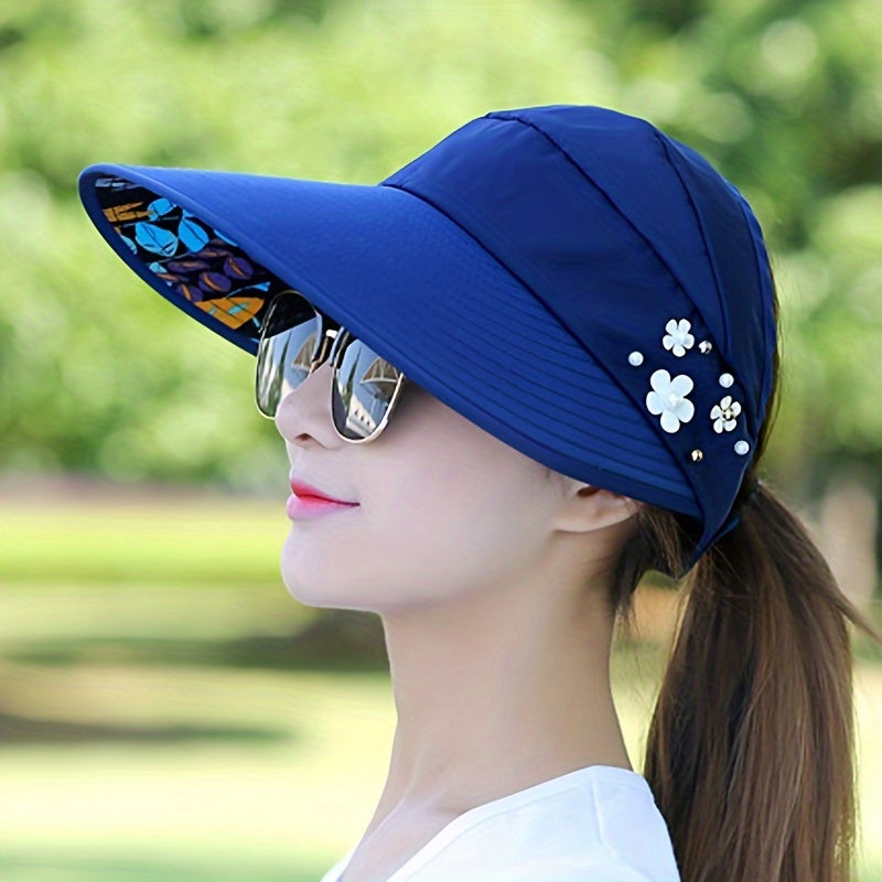Ponytail Visor Hat Beaded Flower Decor Foldable Sun Hat Lightweight