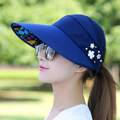 Ponytail Visor Hat Beaded Flower Decor Foldable Sun Hat Lightweight