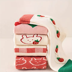 5 Pairs Girl's Cartoon Knitted Socks Soft Crew Socks