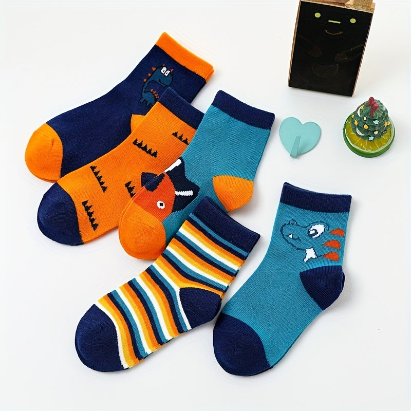 5 Pairs Kids Dinosaur Crew Socks, Ages 1-11