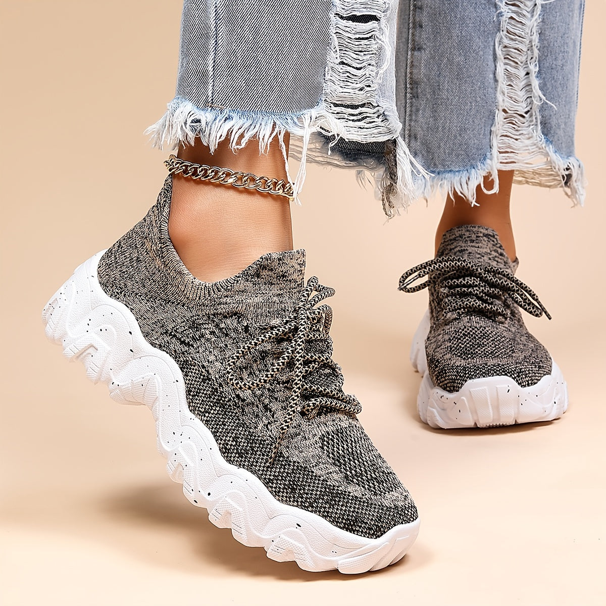 Women's Platform Knit Sneakers Low Top Lace Up Casual Shoes