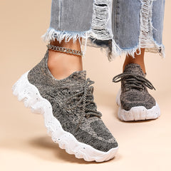 Women's Platform Knit Sneakers Low Top Lace Up Casual Shoes