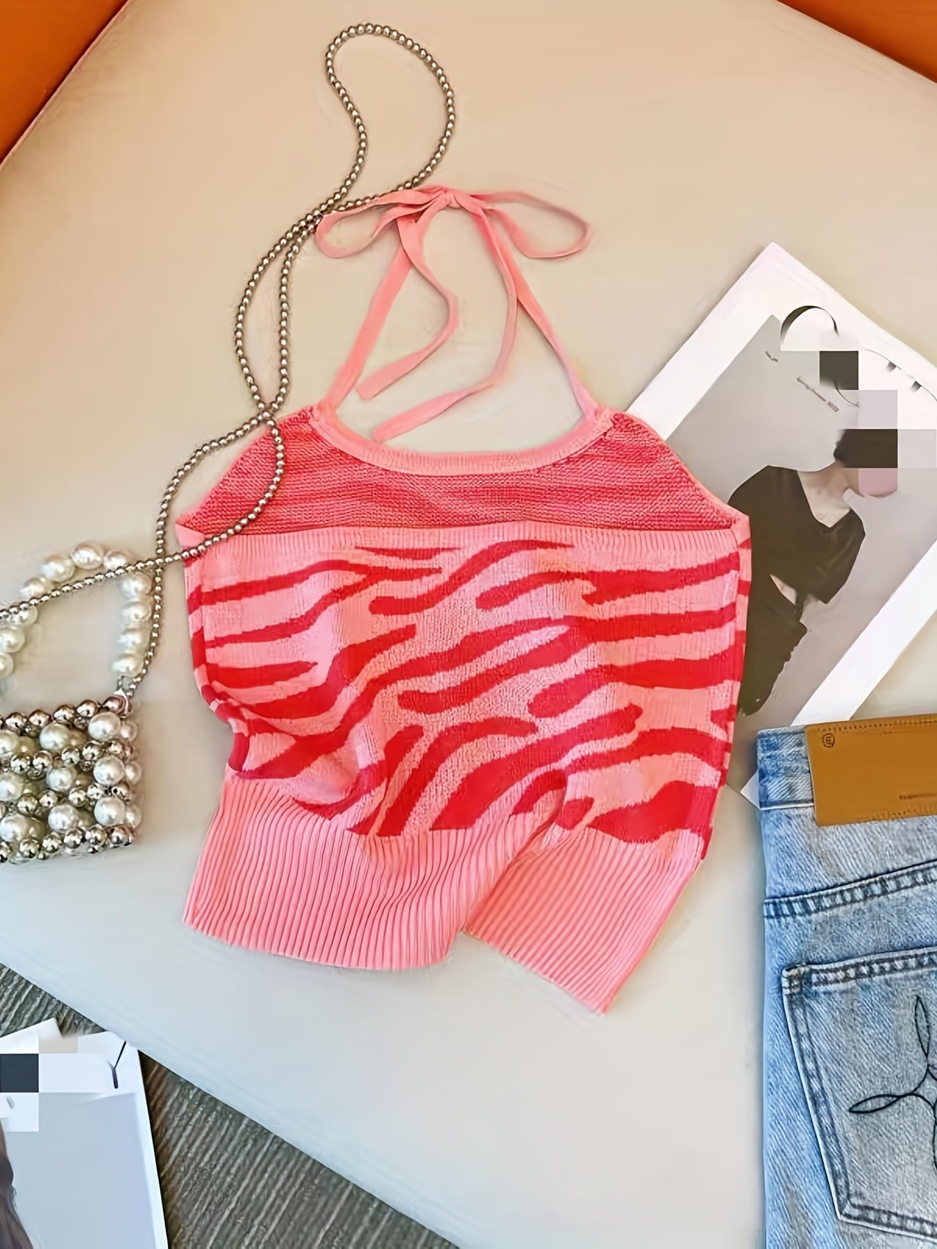 Pattern Halter Top Tie Back Sleeveless Summer Top