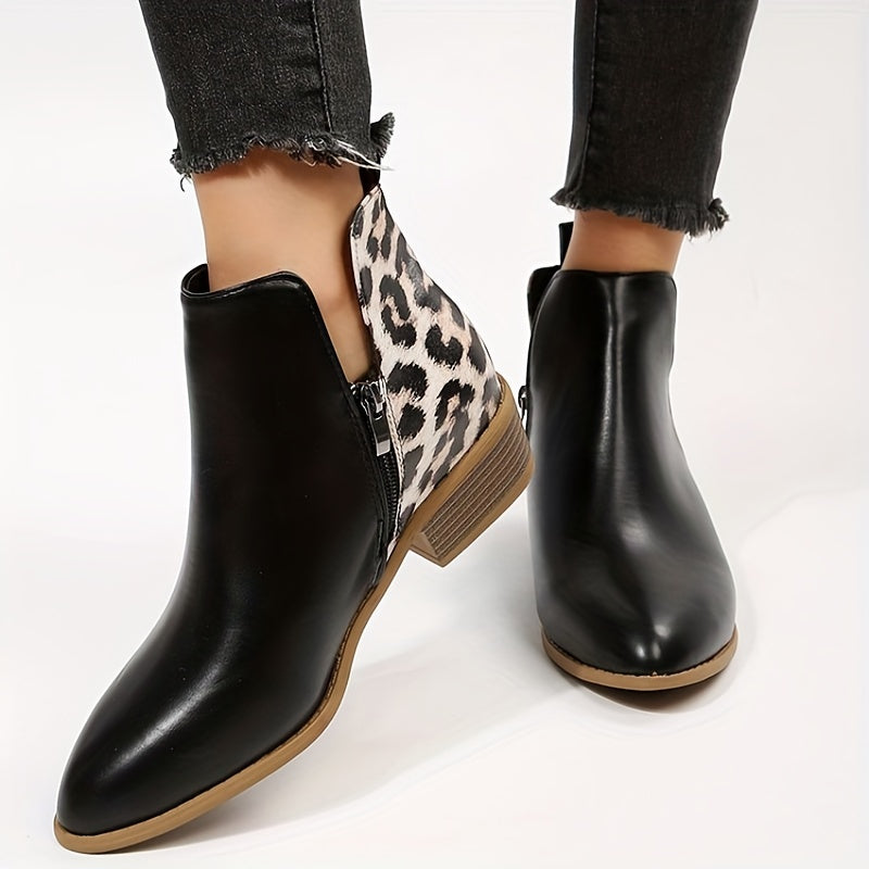 Leopard Print Ankle Boots Pointed Toe V Cut Stacked Heels Short Boots