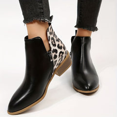 Leopard Print Ankle Boots Pointed Toe V Cut Stacked Heels Short Boots