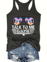 Hip Hop Tank Top Sunglasses & Letter Print Racer Back Summer Comfort Top