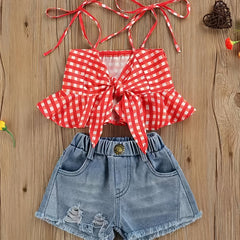2pcs Baby Girls Plaid Bowknot Camisole Top & Denim Shorts Set
