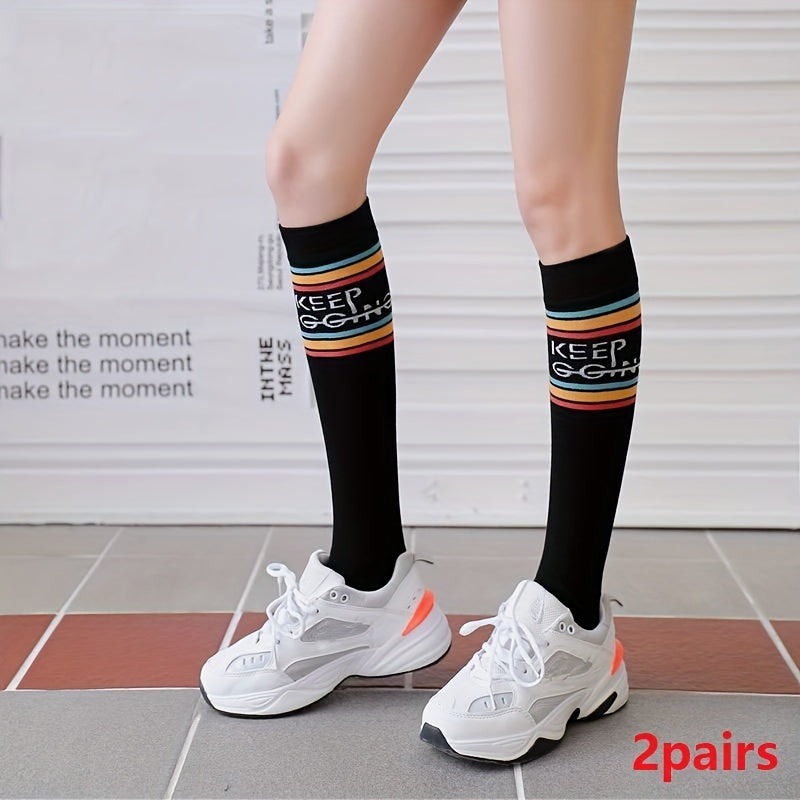 2 Pairs Letter Trim Calf Socks Sports Knee High Socks Women's Stockings