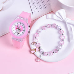 2pcs Girls' Cat Watch Set with Soft Silicone Strap & Beaded Bracelet