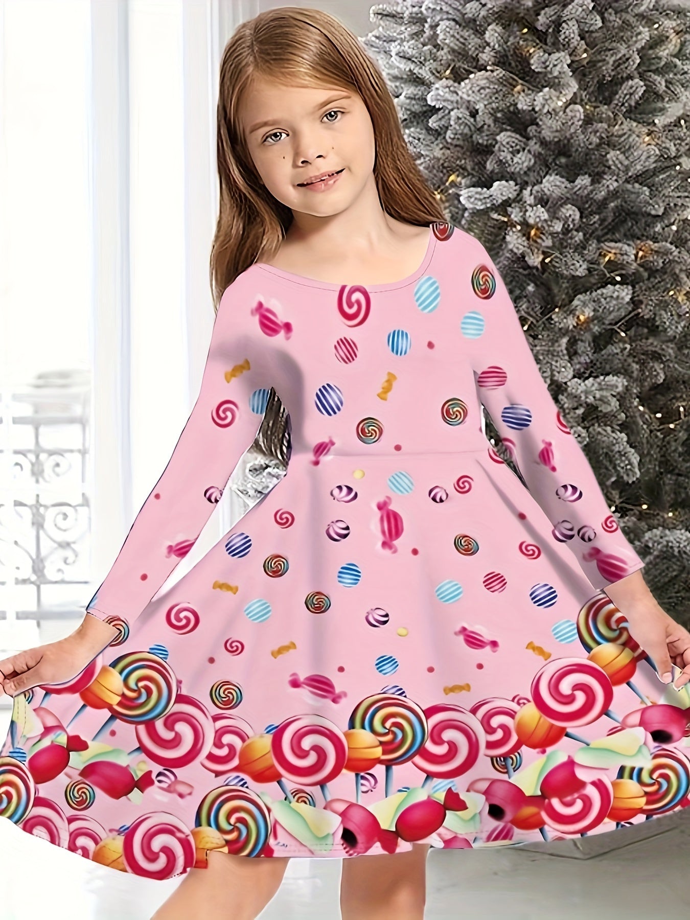 Christmas Night Graphic Long Sleeve Dress Girls Crew Neck Dresses