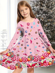 Christmas Night Graphic Long Sleeve Dress Girls Crew Neck Dresses
