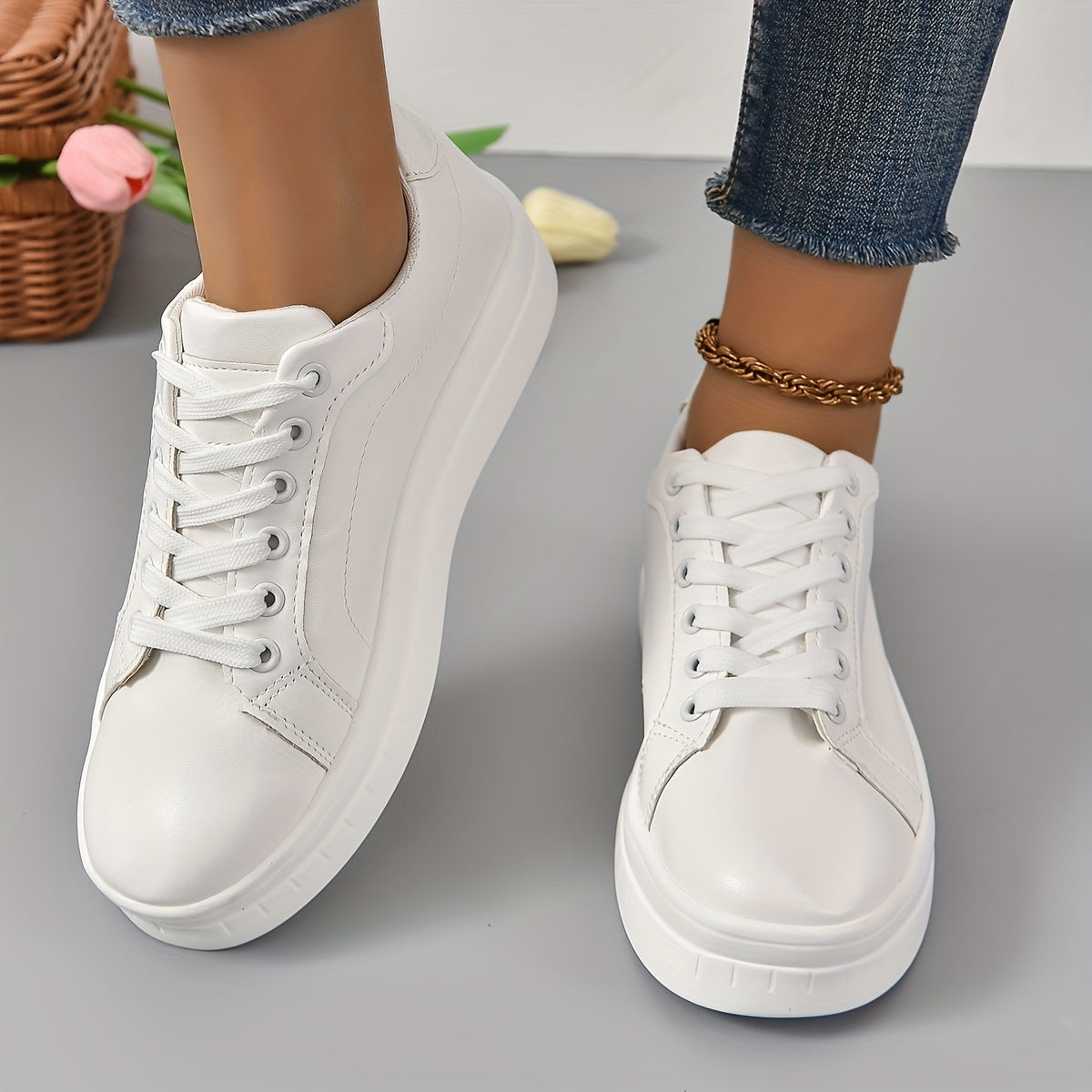 Women's Platform Sneakers Lace Up Solid Flat Shoes