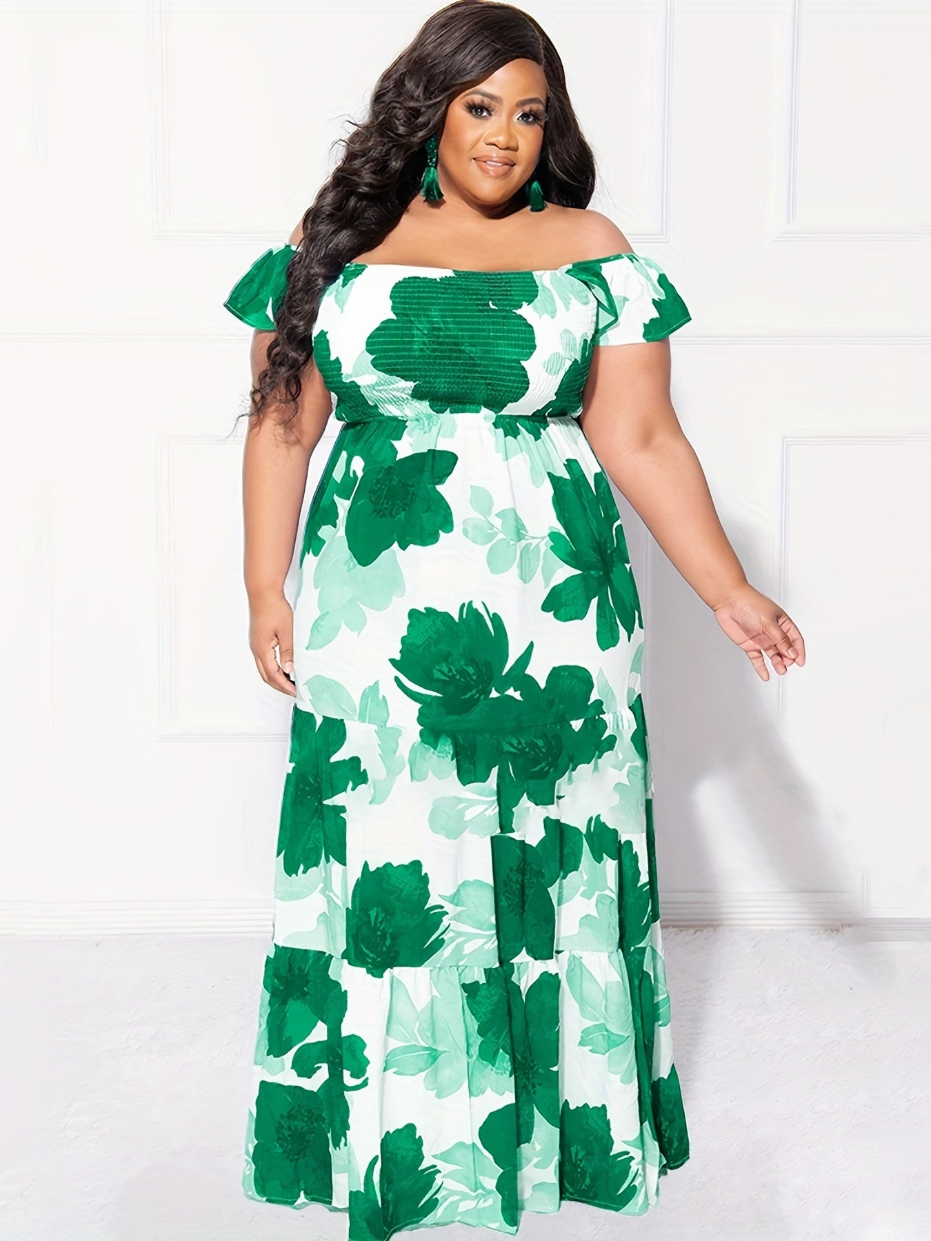 Floral Print Off Shoulder Maxi Smock Dress