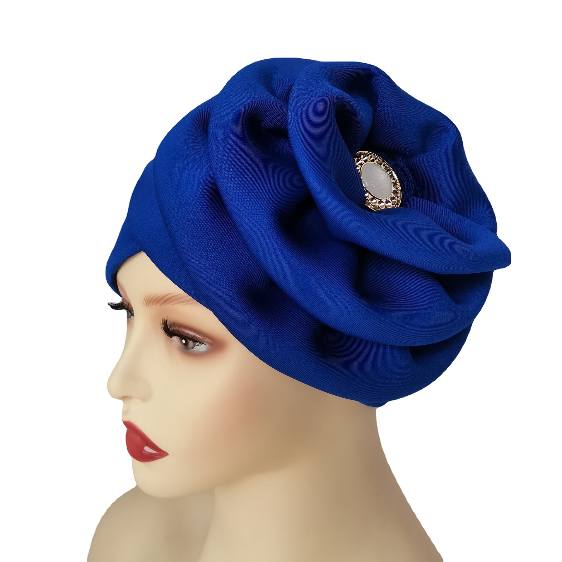 Faux Jade Alloy Turban Cap Flower Layer Wrinkled Hijab Hair Accessories