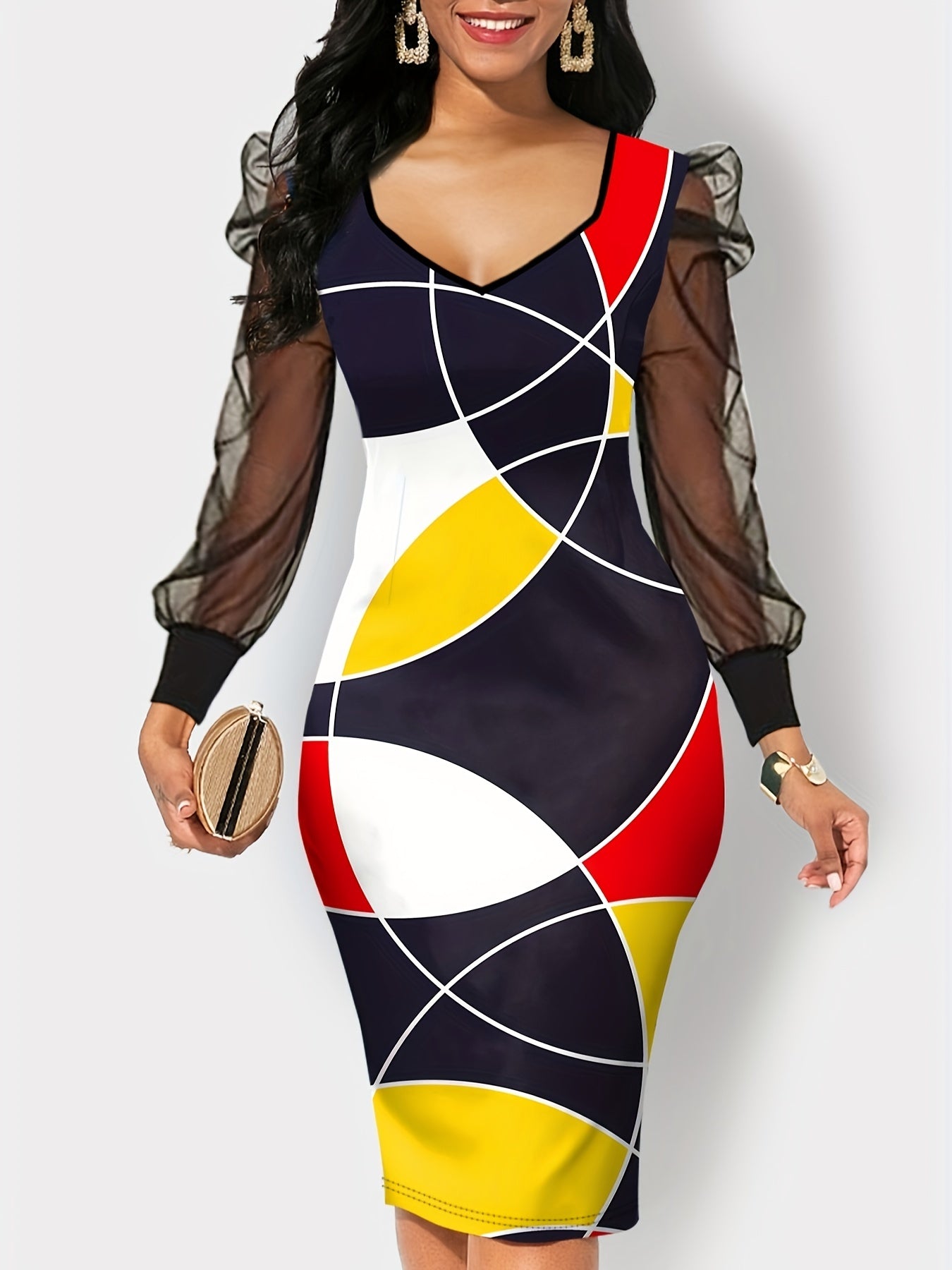 Geometric Print Lantern Sleeve V Neck Dress