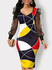 Geometric Print Lantern Sleeve V Neck Dress