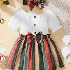 2pcs Baby Girls Striped Dress & Headband Set