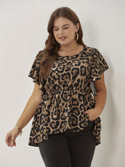 Leopard Print Ruffle Sleeve Peplum Top