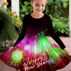 Girls Casual Firework Graphic Long Sleeve Dress